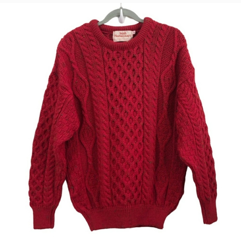 Irish Red Wool Fisherman Aran Crew Neck Long Sleeve Sweater